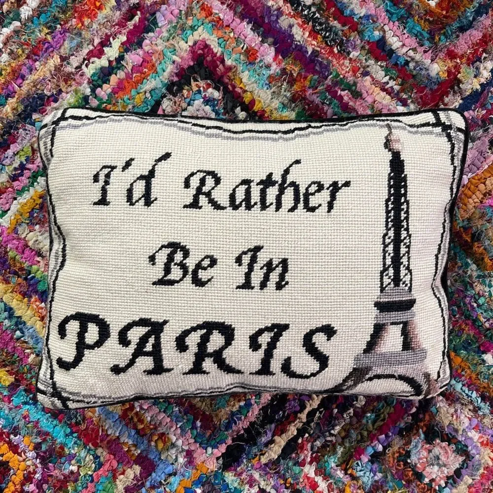 VTG Paris Needlepoint Pillow Eiffel Tower Velvet Back French Cottage Decor